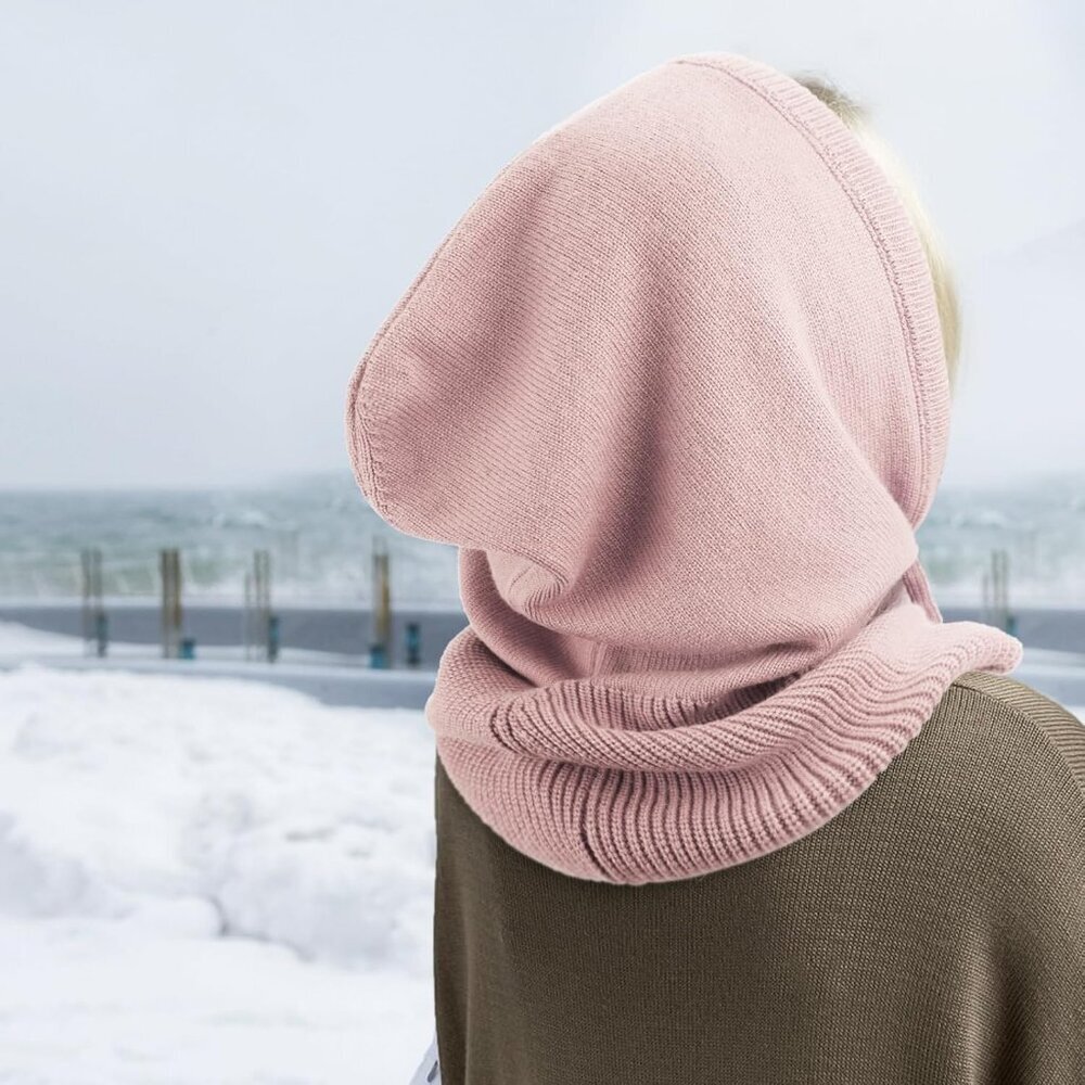 Women's Scarf Hat Balaclava Beanie Skull Cap with Drawstring Warm Hat Pink 2 - Picture 4 of 6